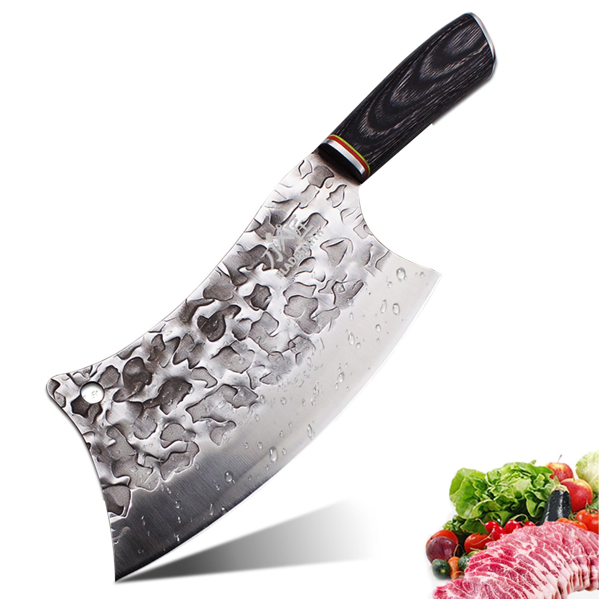 BLADESMITH Butcher Knife 8“, Forged Meat Cleaver Kitchen Knives, Curved High Carbon Steel Blade, PakaWood Handle, for Slicing and Cutting