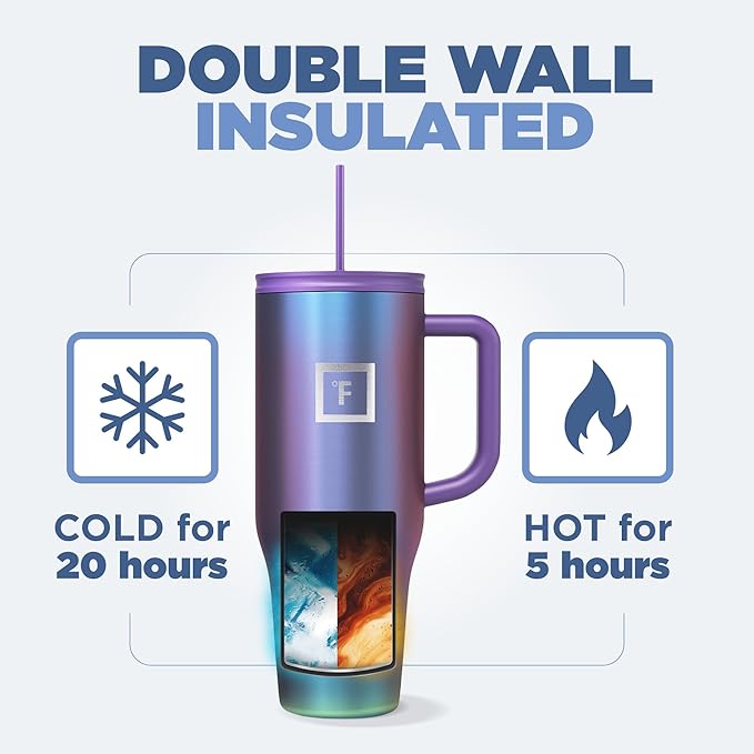IRON °FLASK Co-Pilot Insulated Mug w/Straw & Flip Cap Lids - Cup Holder Bottle for Hot, Cold Drink - Leak-Proof - Water, Coffee Portable Travel Mug - Cobalt Blue, 40 Oz