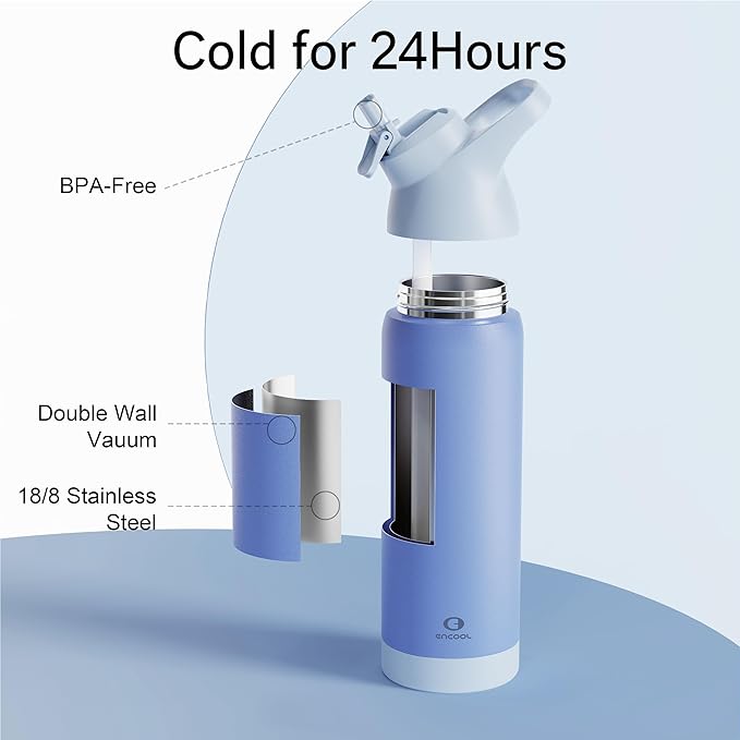 Insulated Water Bottle with Straw - Encool Stainless Steel Water Bottle, Reusable Leakproof and BPA-Free for Sports, Travel, Cold for 24 Hours, 24 oz, Ocean