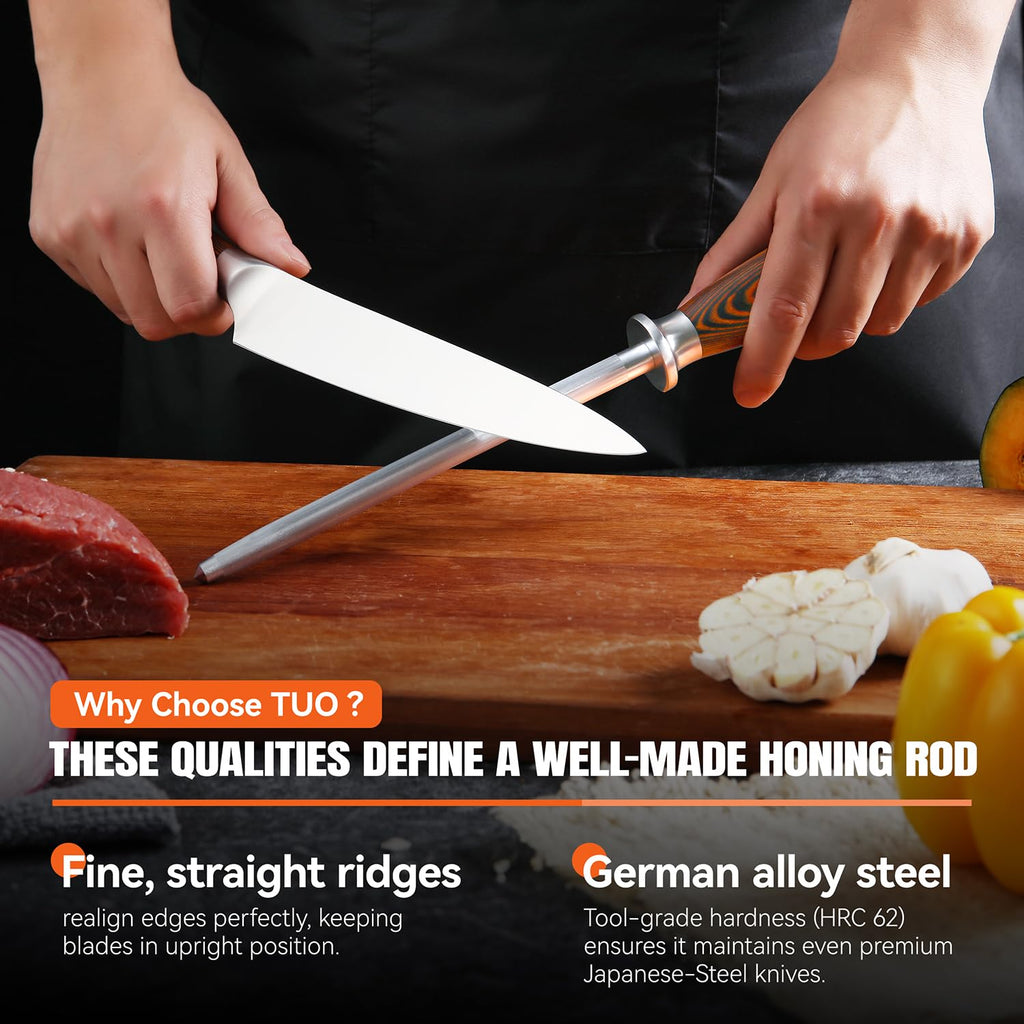 TUO Honing Rod, Sharpening Steel with Larger Diameter for Kitchen Knife Daily Honing Maintenance, High Carbon Steel 8" Knife Sharpener Rod, Ergonomic Handle