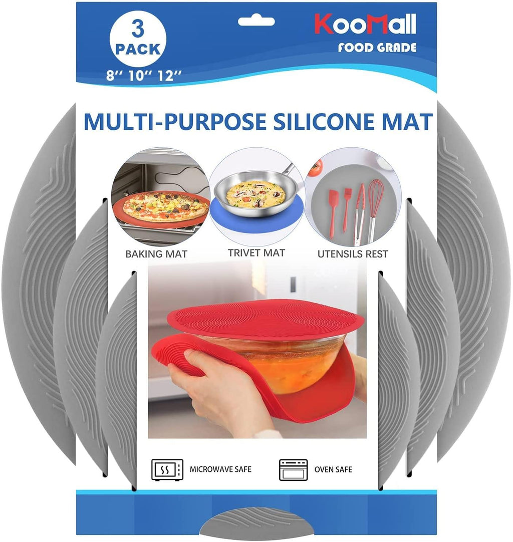 Pack 2,KooMall 12 10 8 Inch Multi-use Microwave Mat, Trivet, Pot Holders, Drying, Baking, Place Mat, Utensils Rest, Silicone Cover Pad for Hot Pot Pan,Plates Dishes Kitchen Counter,Heat Resistant,Gray