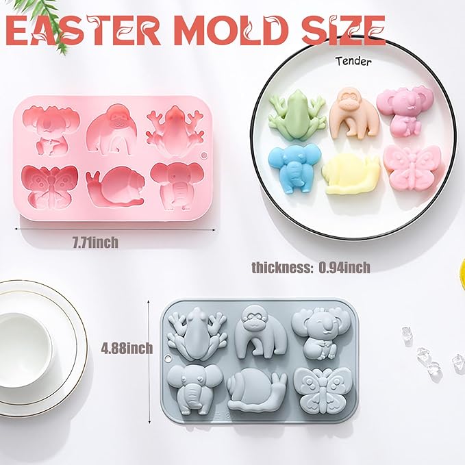 Animal Chocolate Mold Set - Food-Grade Silicone Baking Molds with Frog, Elephant, Monkey, Snail & Butterfly, Reusable for Kids Birthday Cakes, Jungle Party Treats & DIY Crafts - 2 Pack