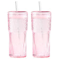 GOSCHE Glass Coffee Cups with Lids and Straws, 20oz Drinking Jar Glass Tumbler for Iced Coffee, Vintage Ripple Glassware Smoothie Cups, Pink, 2Pcs