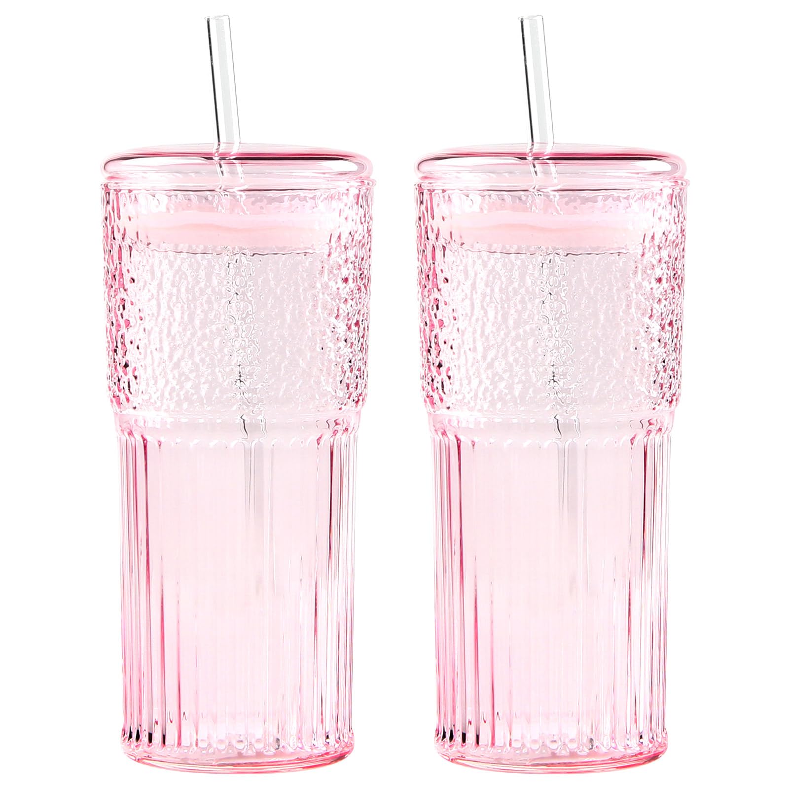 GOSCHE Glass Coffee Cups with Lids and Straws, 20oz Drinking Jar Glass Tumbler for Iced Coffee, Vintage Ripple Glassware Smoothie Cups, Pink, 2Pcs