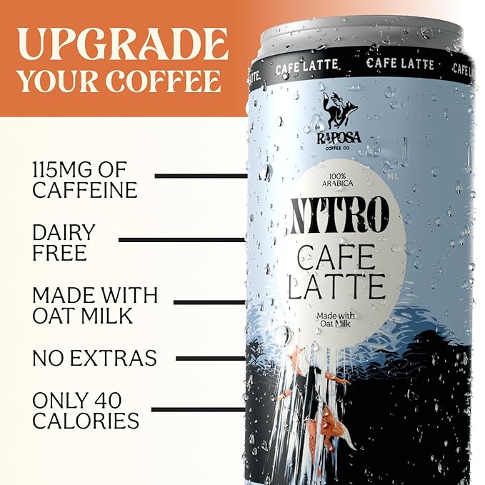 Raposa Nitro Cold Brew Ready to Drink Coffee 250ml - 8.45oz - Made with Oat Milk- Dairy Free - Vegan Cold Brew Ready to Drink, Non GMO, No Artificial Anything - 150mg Caffeine (Cafe Latte (12 Pack))