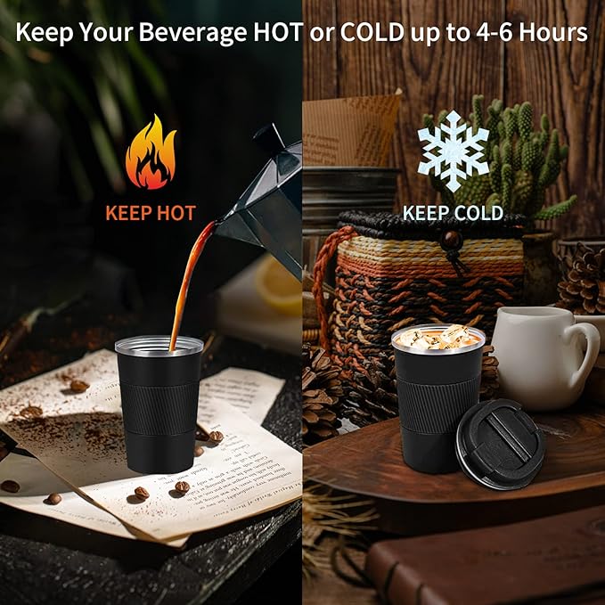 YINBAOGE Insulated Travel Coffee Mug Spill Proof Leak Proof Pobtable To Go Camping Stainless Steel Coffee Tumbler Reusable Coffee Cups with Lids Thermos for Hot and Cold Drink (Black, 12 OZ)