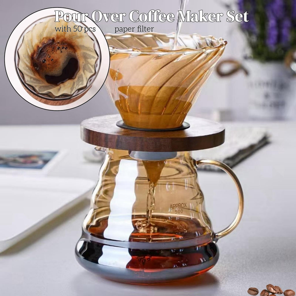 CHDEXU Pour Over Coffee Maker Set 20 oz, 600 ml Borosilicate Glass Coffee Server with Glass Lid, 50 pcs Paper Filter, Walnut Handle Pour Over Coffee Dripper for Home Café Restaurant, Gold