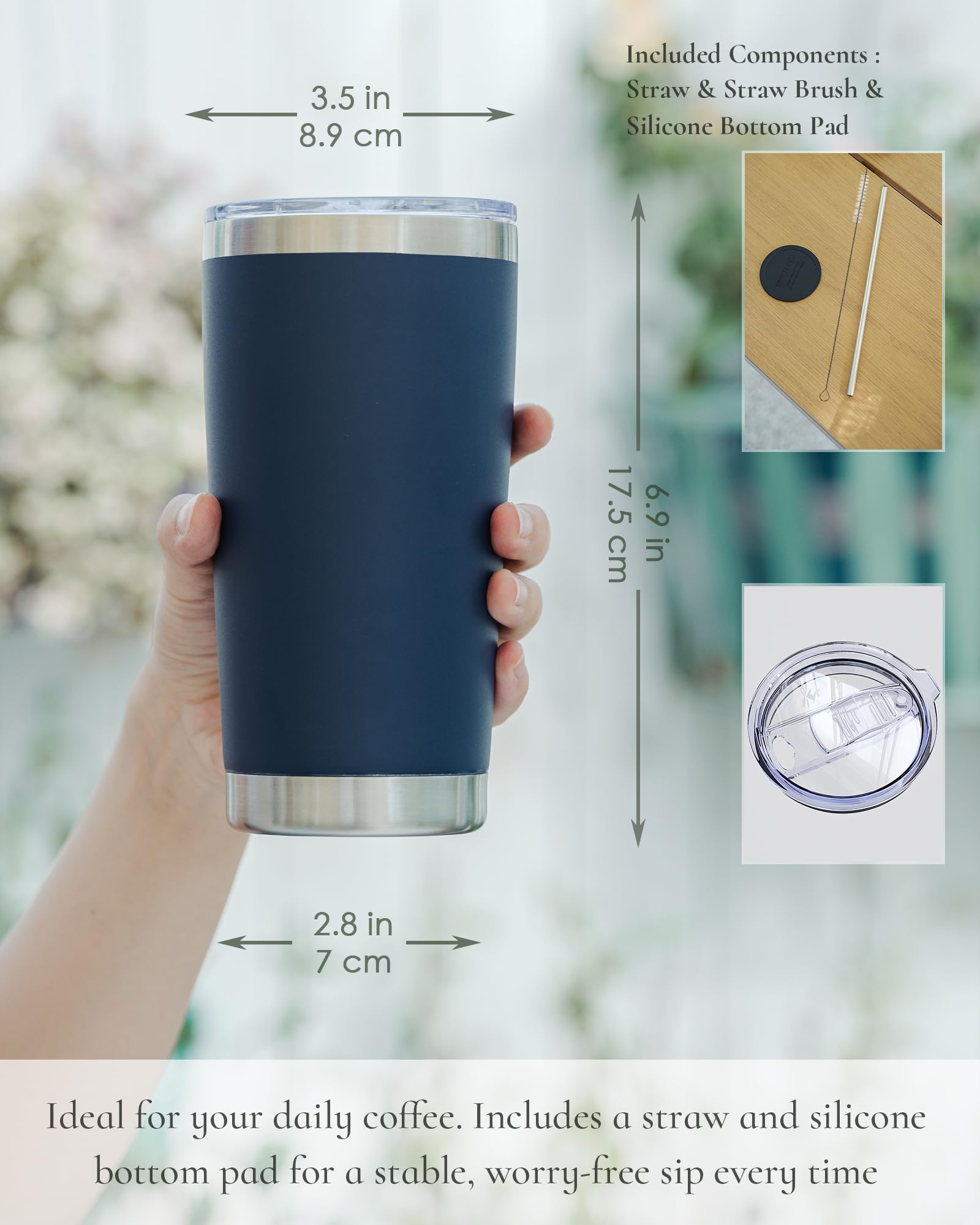 UIRZOTN Travel Coffee Tumbler 20oz, 4 Pack Leakproof Travel Coffee Mug with Lid and Straw, Stainless Steel Double Wall Vacuum Insulated Tumbler for Hot/Iced Drinks (Textured Matte, Navy Blue)