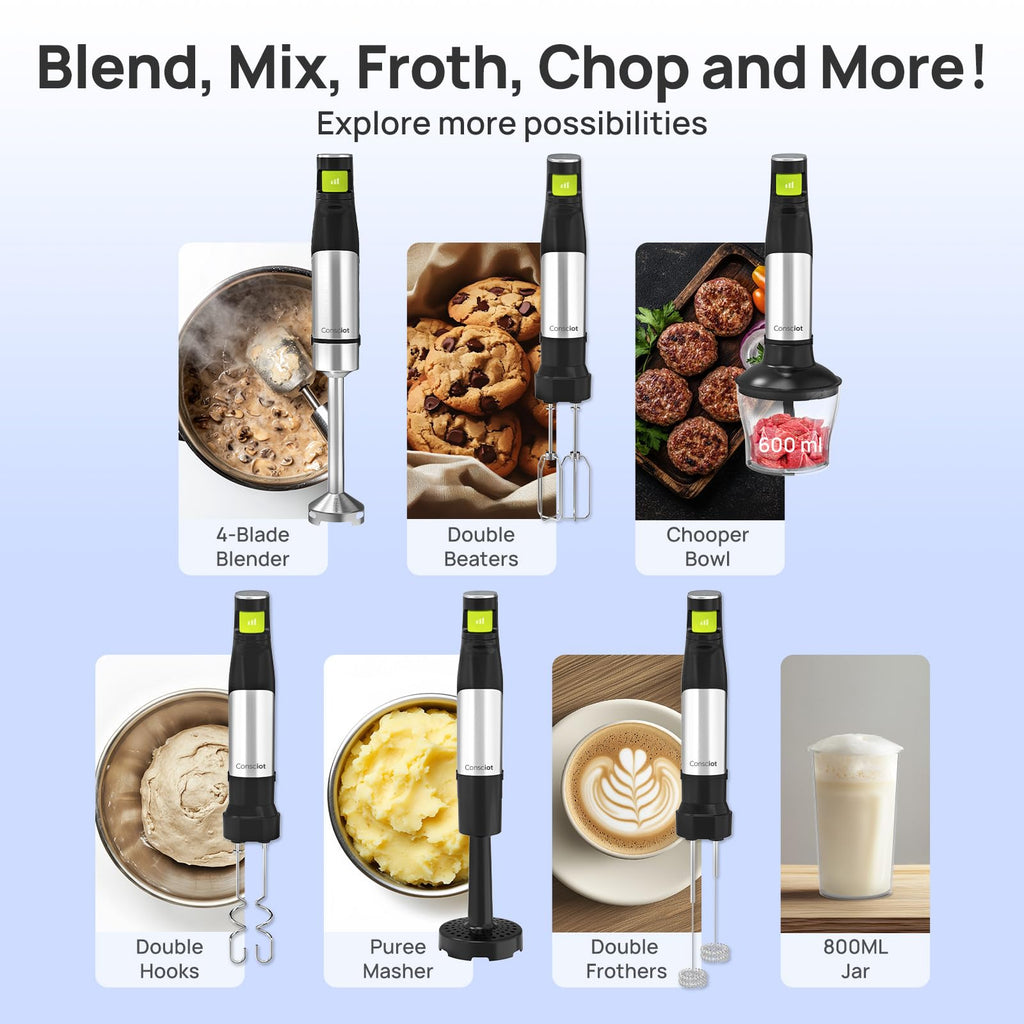 Consciot 7-in-1 Immersion Blender Handheld Max 1100W, Trigger Speed Control