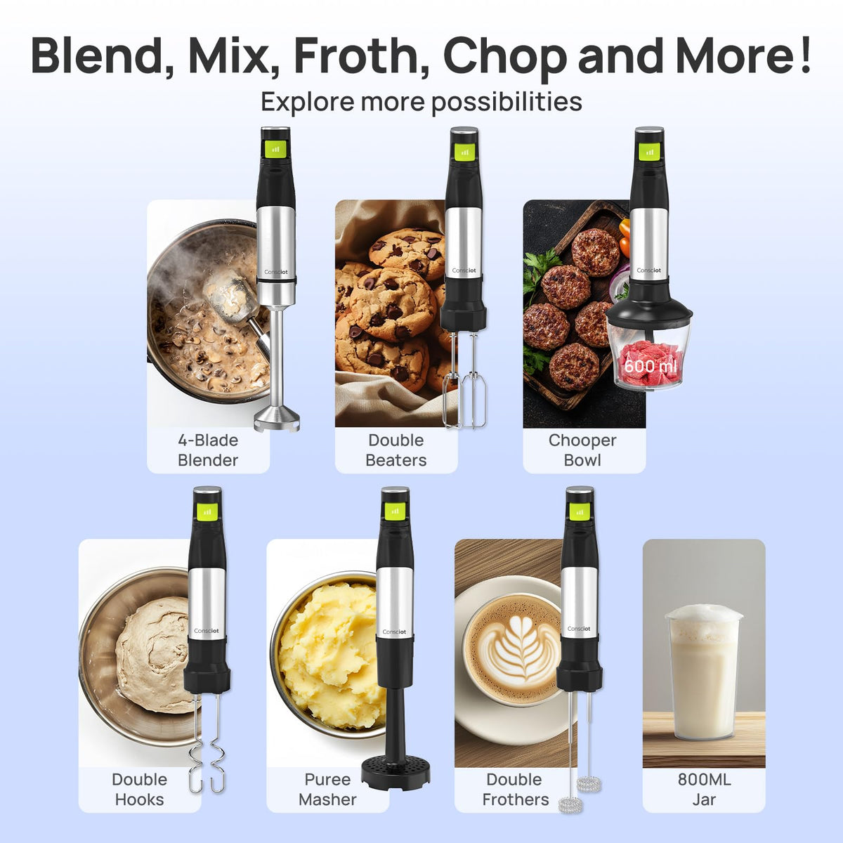 Consciot 7-in-1 Immersion Blender Handheld Max 1100W, Trigger Speed Control
