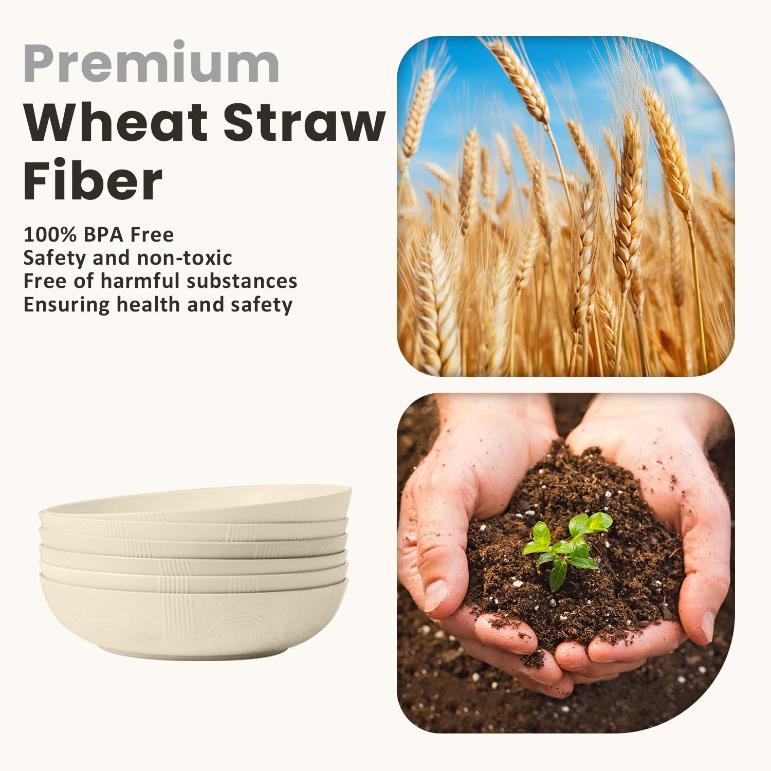 Homienly 65 oz Large Salad Bowls Wheat Straw Big Bowls 10 inch Serving Bowls Wheat Straw Plates Bowl Set of 6 Wide and Shallow Bowl for Kitchen Dishwasher Safe-Beige