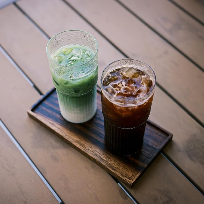 22oz Glass Tumblers with Glass Lids and Straws - Stylish Vintage Ribbed Design for Iced Coffee, Juice, Smoothies, Milkshakes, Cold Beverages & Whiskey Cocktail Beer (2pack-22OZ-Glass lid)