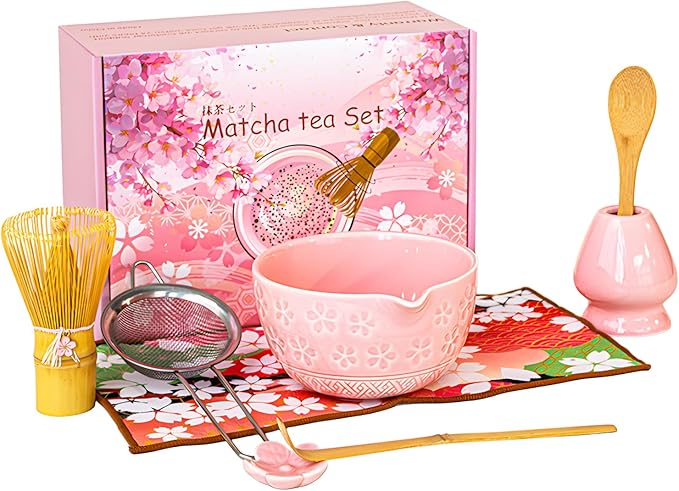 8 Pcs Matcha Whisk Set: Pink Matcha Tea Set Includes Ceramic Bowl, Whisk and Holder, Bamboo Scoop, Scoop Rest, Sifter and Tea Towel - Matcha Making Kit for Matcha Lovers