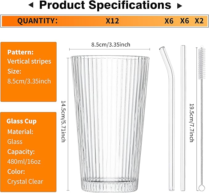 KEMORELA 12-Piece Vintage Ribbed Glassware Set, Old Fashioned Glasses, 16oz Clear Drinking Glasses with Straws, Ideal for Party and Casual Drinking - Classic Design for Any Occasion