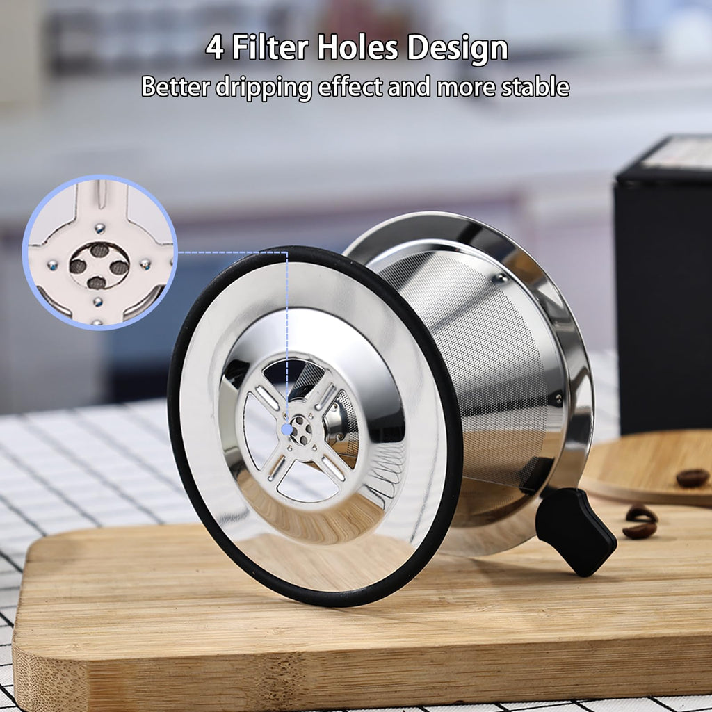 Pour Over Coffee Filter Dripper, Stainless Steel Metal Cone Coffee Filter