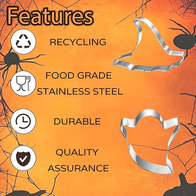 5-PIECE Halloween Cookie Cutters Set Stainless Steel cookie cutter molds Pumpkin, Bat, Ghost, Witch's Hat, Cat Cat Cookie Cutters Holiday Decorative Party Supplies