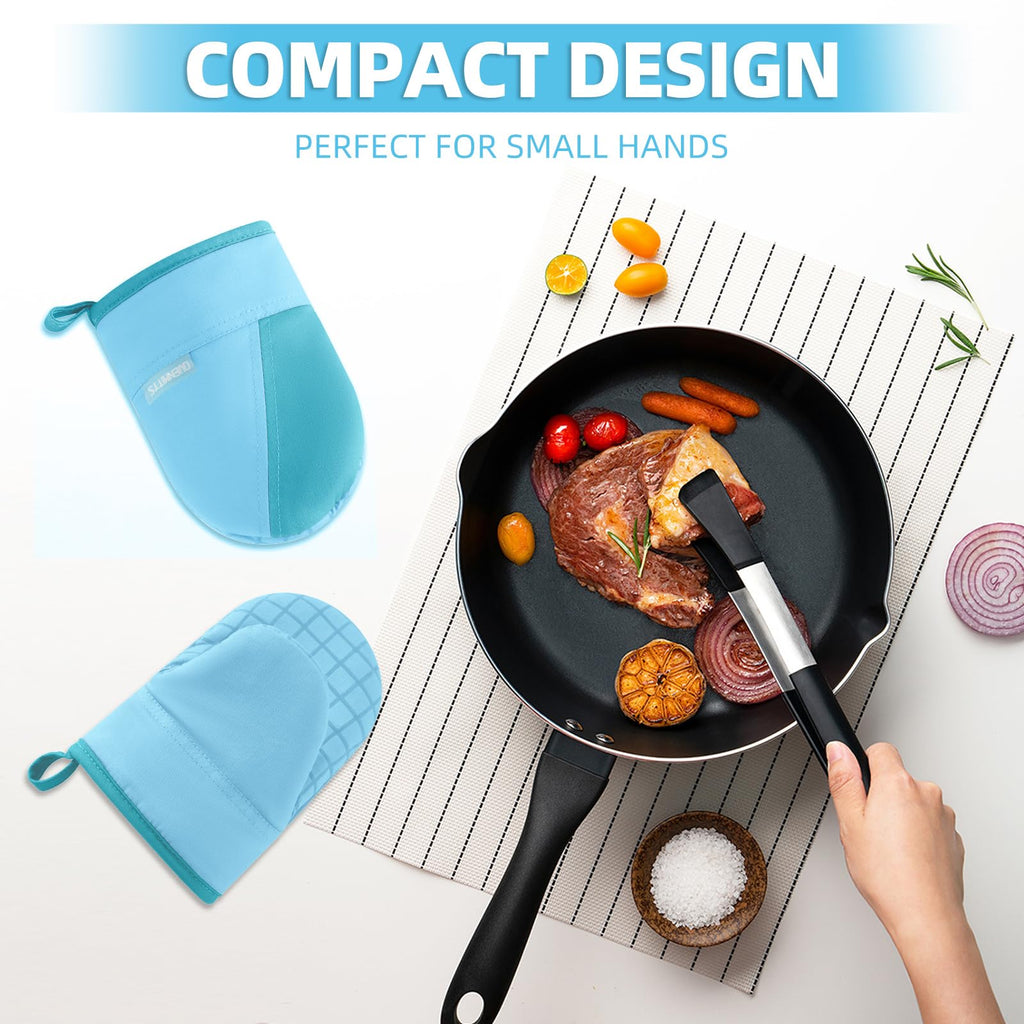 Mini Oven Mitts, Kitchen Oven Gloves Kitchen Mittens 500 Degrees Heat Resistant Baking Gloves, Non-Slip Silicone Surface with Hanging Loops Hot Gloves for Cooking, Baking, BBQ 1 Pair-Blue