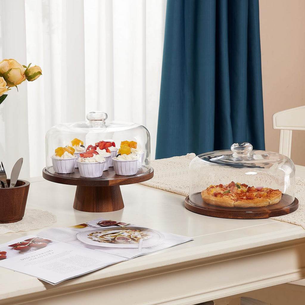 VIVIRBIEN 11in Acacia Wood Cake Stand with Glass Dome&Magnetic Pedestal