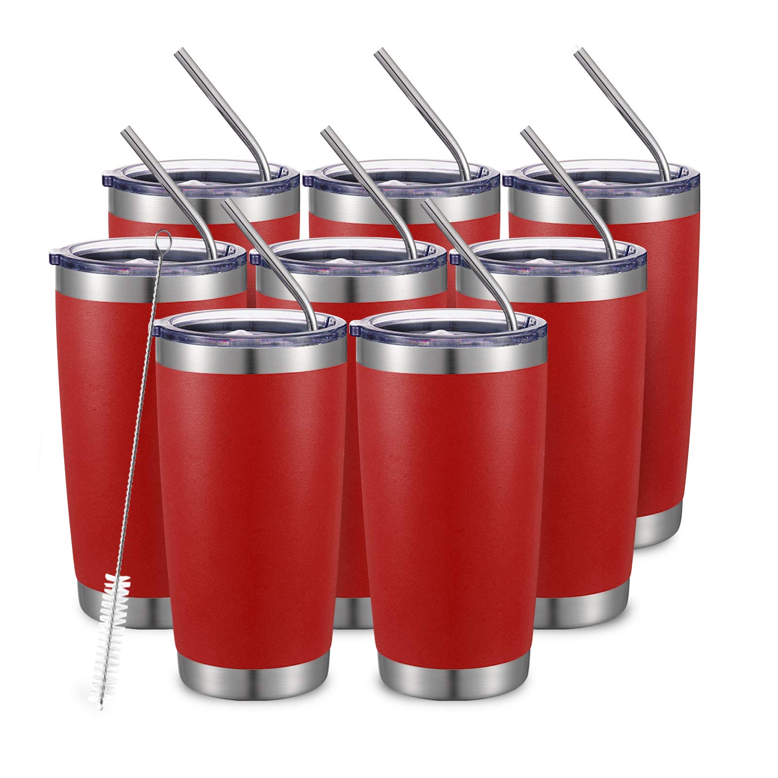 COMOOO 20oz Double Wall Vacuum Insulated Travel Mug, Stainless Steel Tumbler with Lid and Straw Durable Powder Coated Insulated Coffee Cup for Cold & Hot Drinks (Red, 8 PACK)
