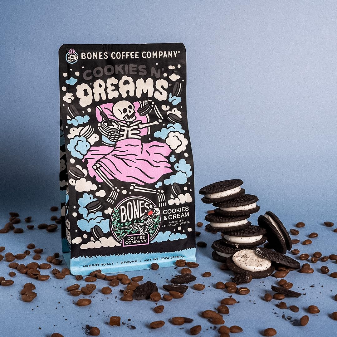 Bones Coffee Company Cookies 'N Dreams Cookies and Cream Flavored Coffee, Medium Roast Low Acid Arabica Beans Compatible with Auto drip and French Press Coffee Maker, 12 Oz Ground
