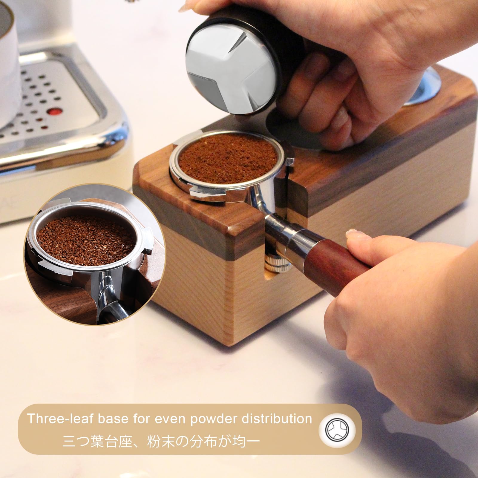 JOYONE Espresso Distributor Stainless Steel Coffee Distribution Tool,Adjustable Depth Espresso Distributor Leveler with Walnut Wood,3 Angled Slopes Adjustable Palm Espresso Distributor Tool