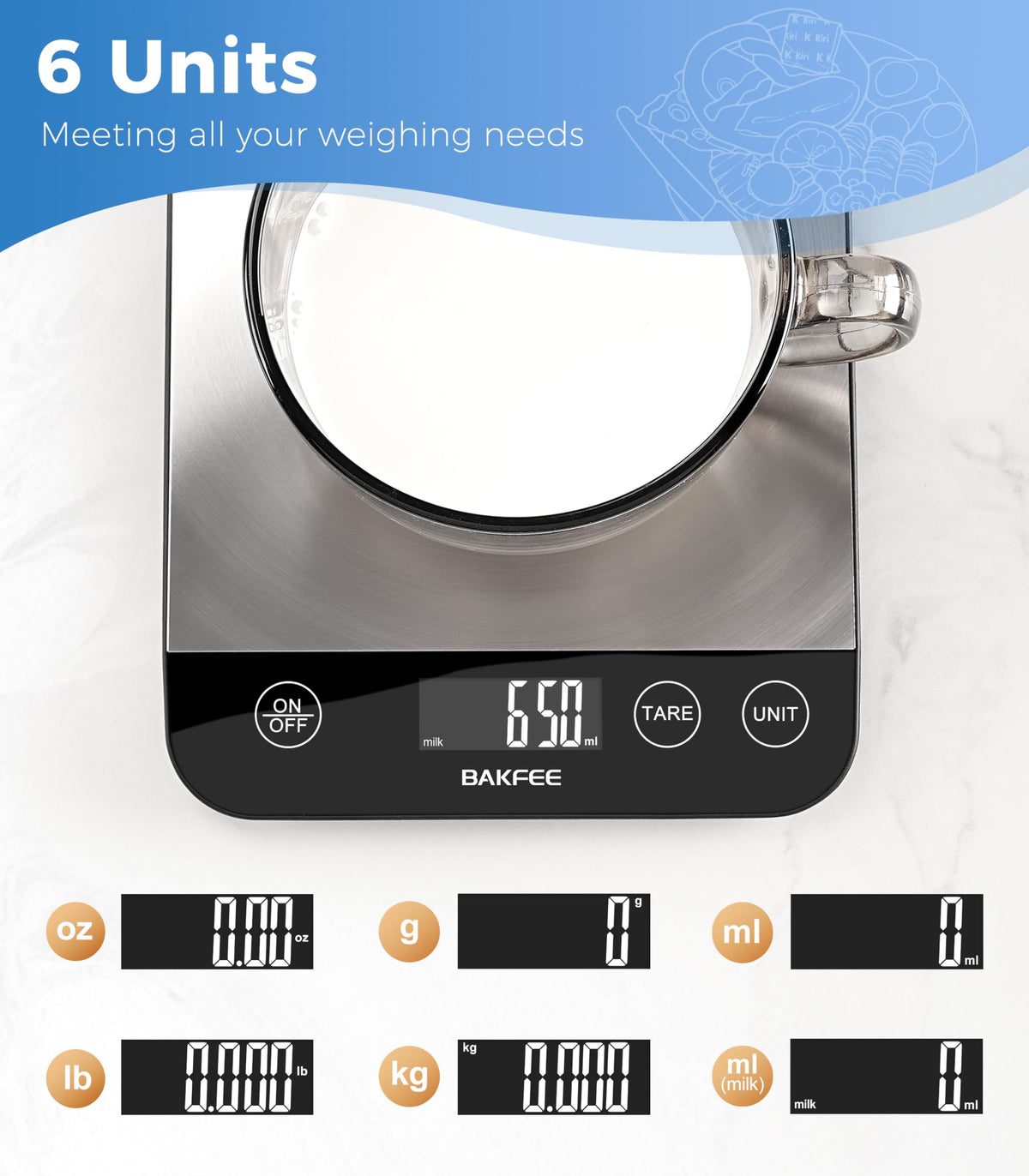 BakFee Food Scale, 33lb Kitchen Scale, 1g Precision, USB-C Charging, Black