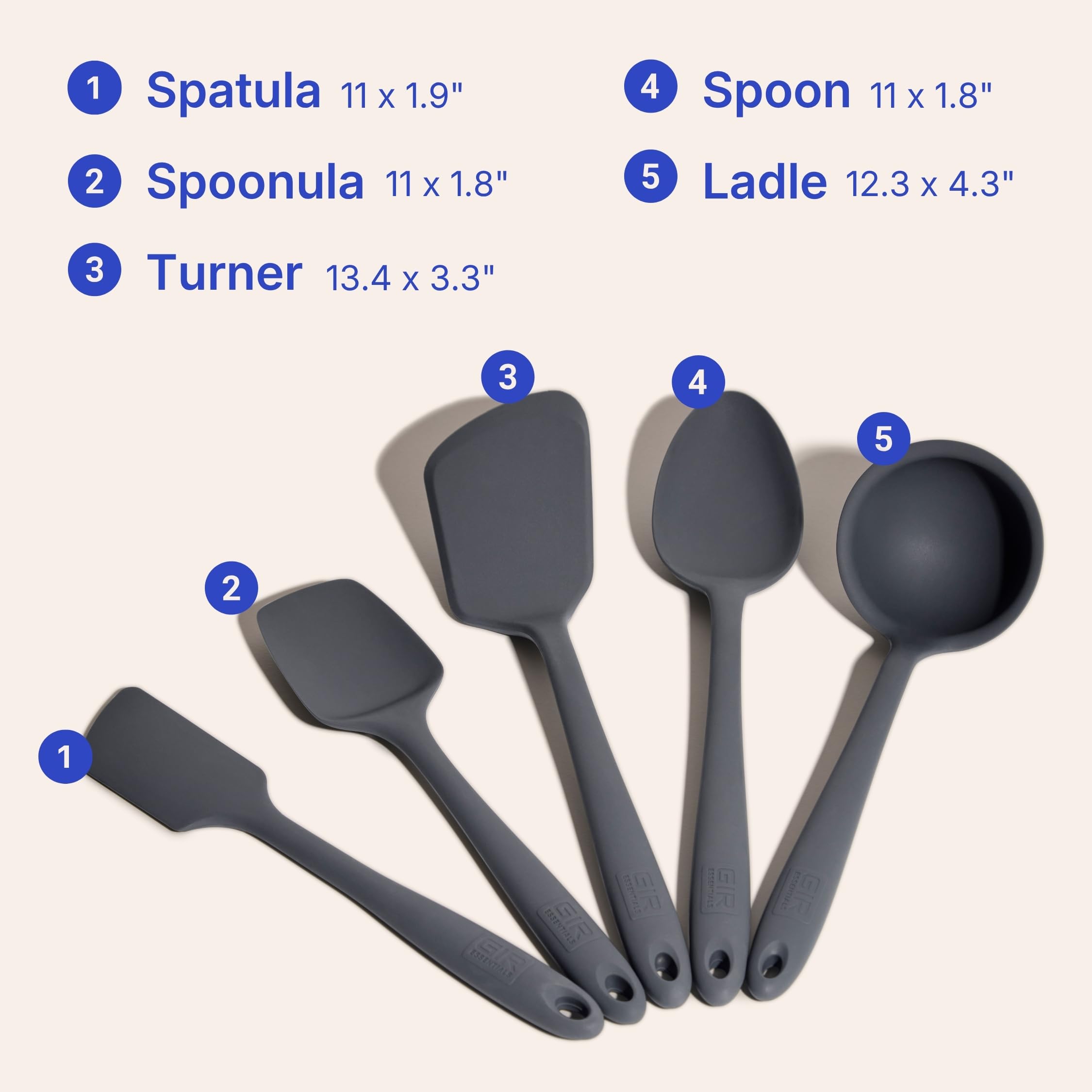 GIR 5-Piece Silicone Kitchen Utensils Set, Non-Toxic Cooking Utensils for Cooking and Baking, Heat Resistant, Food Grade, Dishwasher Safe Rubber Spatula, Ladle, Spoon - Charcoal