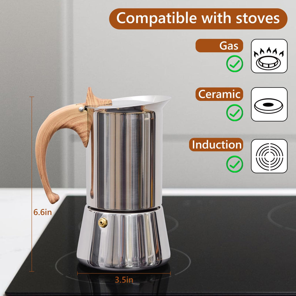JingleChoo Induction Moka Pot, Stainless Steel, Stovetop Espresso Coffee Maker, 6 Cup/300ml/10.1oz, Easy to Use and Clean, Camping Home Use | for Mocha Cappuccinos, Lattes