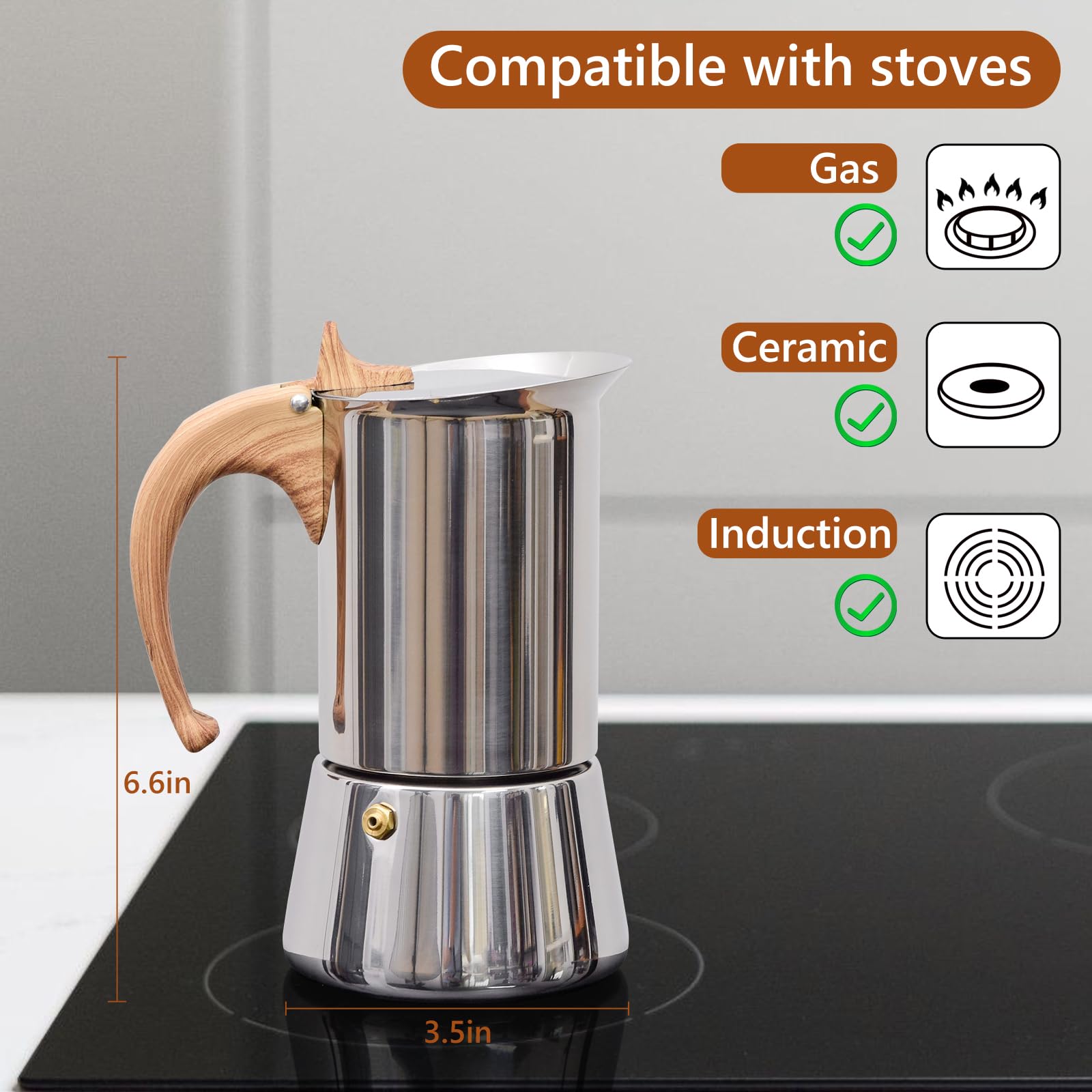 JingleChoo Induction Moka Pot, Stainless Steel, Stovetop Espresso Coffee Maker, 6 Cup/300ml/10.1oz, Easy to Use and Clean, Camping Home Use | for Mocha Cappuccinos, Lattes
