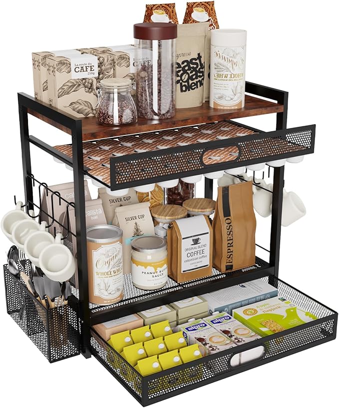 Coffee Bar Organizer Station with CoffeePod Drawer Mug Cup Holder and Tea Condiment Storage Kitchen Countertop Organizer CoffeeBar Accessories for Kitchen,Home,Office