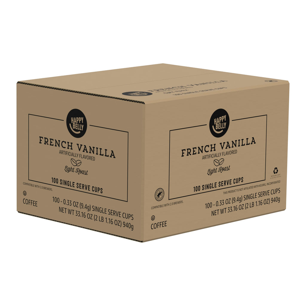 Amazon Brand - Happy Belly Light Roast Coffee Pods, French Vanilla, Compatible with Keurig 2.0 K-Cup Brewers, 100 Count
