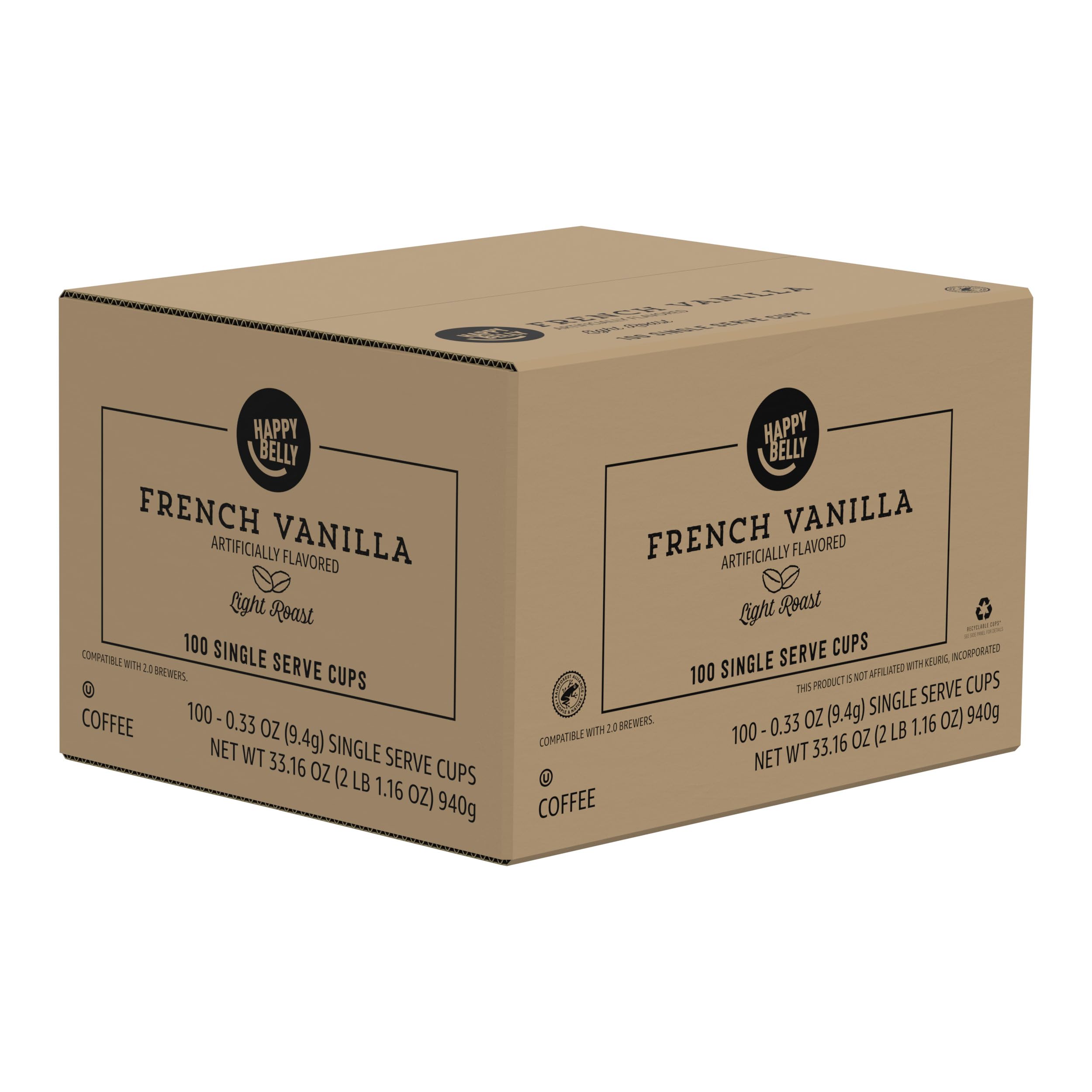 Amazon Brand - Happy Belly Light Roast Coffee Pods, French Vanilla, Compatible with Keurig 2.0 K-Cup Brewers, 100 Count