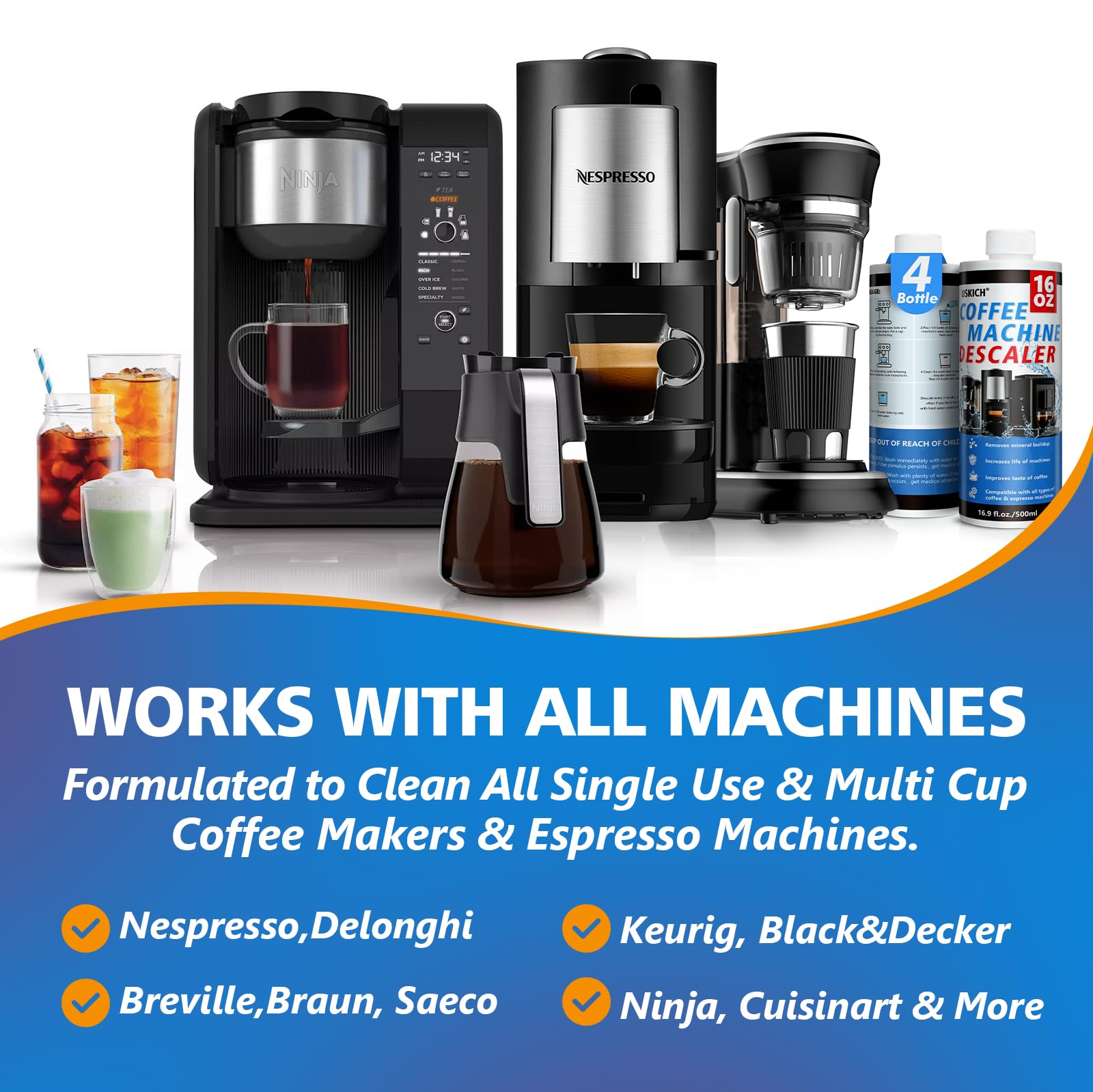 4 Pack Coffee Machine Descaler Descaling Solution -16 Uses,Descaling Solution for Descaling Solution for Keurig, Nespresso, Delonghi,Espresso Machines