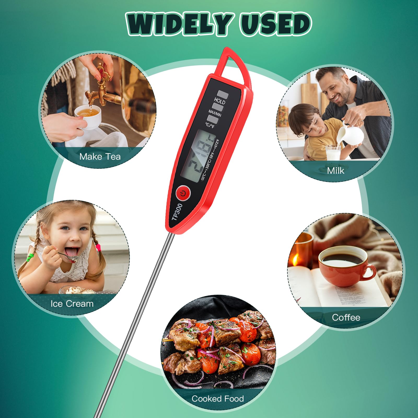 Copkim 6 Set Waterproof Food Thermometer for Water, Liquid, Candle and Cooking Digital Meat Thermometer with Long Probe Instant Read for Kitchen BBQ Grill Candy (Red)