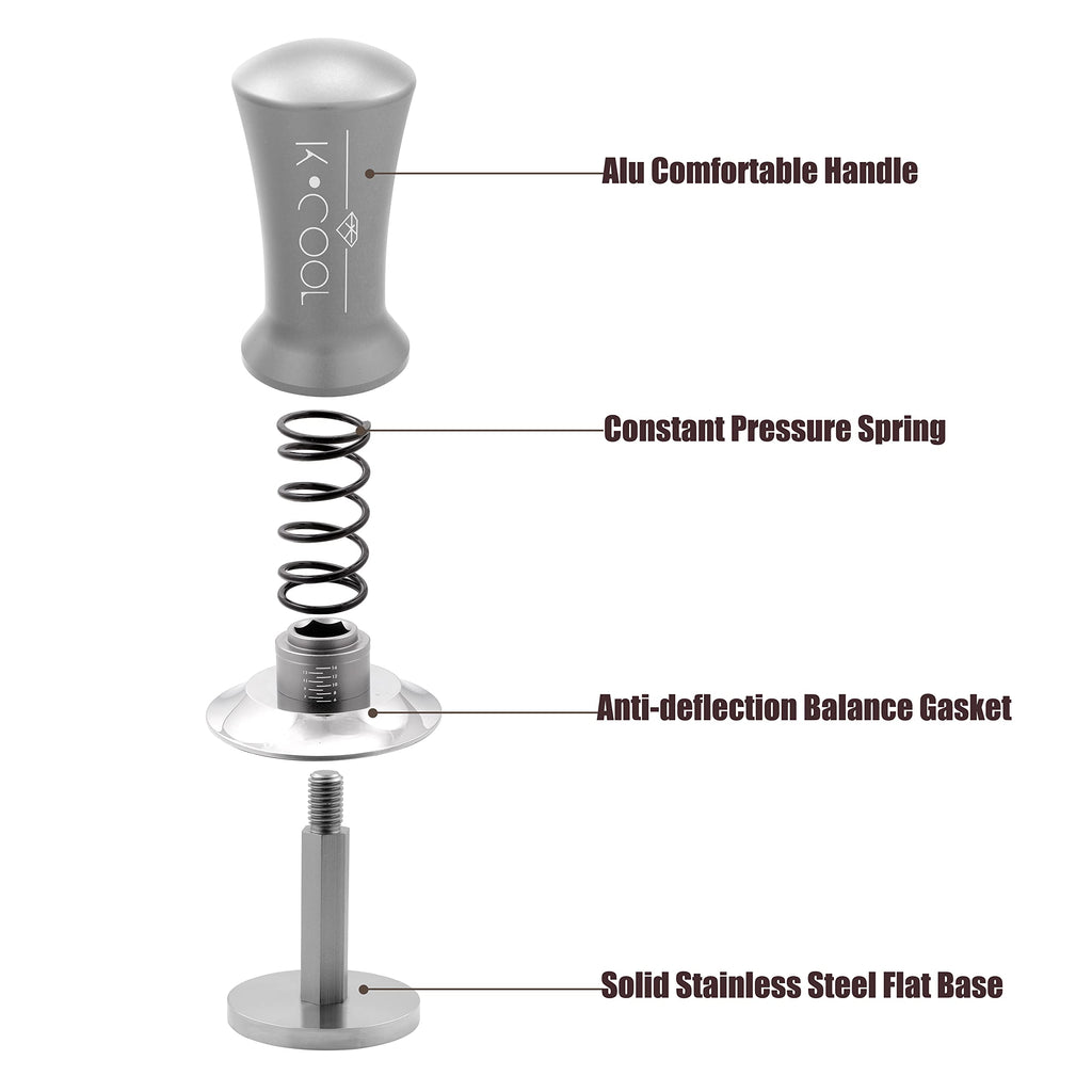 K COOL Espresso Tamper, Coffee Tamper, Premium Barista Tools Tamper with Calibrated Spring 30lb, 100% Stainless Steel Flat Base Tamper with Scale Mark for Espresso Coffee Machine (53mm, Silver)