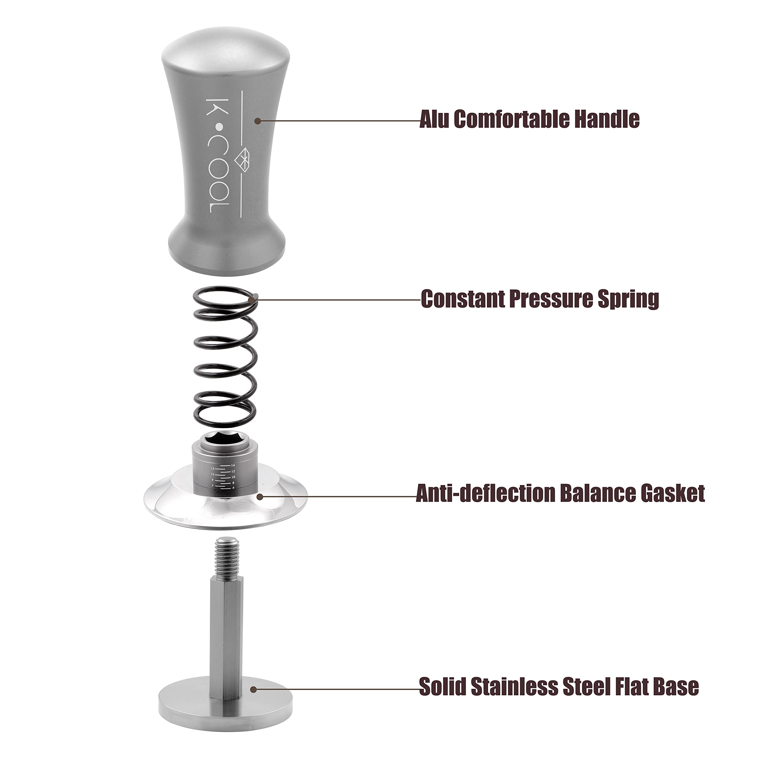 K COOL Espresso Tamper, Coffee Tamper, Premium Barista Tools Tamper with Calibrated Spring 30lb, 100% Stainless Steel Flat Base Tamper with Scale Mark for Espresso Coffee Machine (53mm, Silver)