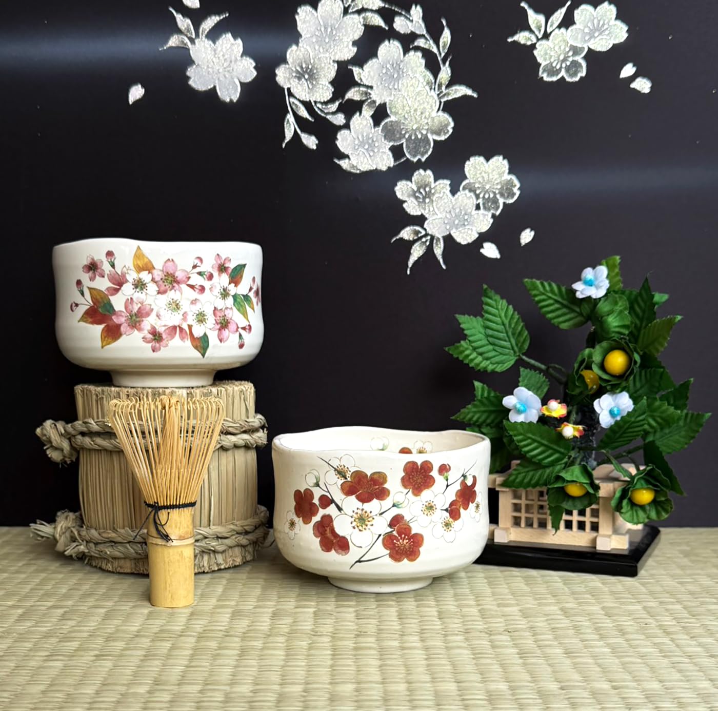 Waraku Fuuka Japanese Traditional Mino Ware Handcrafted Mini Matcha Chawan Tea Bowl Cup Set With Chasen Bamboo Tea Whisk Ceremony Tableware Pottery (Kohiki Sakura)