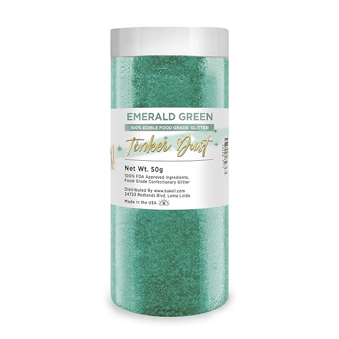 BAKELL Emerald Green Edible Glitter, 50 Grams | TINKER DUST Edible Glitter | KOSHER Certified | 100% Edible Glitter | Cakes, Cupcakes, Cake Pops, Drinks, Dessert Vegan Glitter & Dusts (50g, Emerald Green)