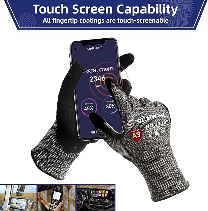 Schwer ProGuard Highest Level Cut Resistant Work Gloves PR3326 for Extreme Protection，ANSI A9 Cut Gloves with Reinforced Thumb, Non Slip, Breathable, Durable, Touch-screen, Non PFAS, Black 1 Pair（L）