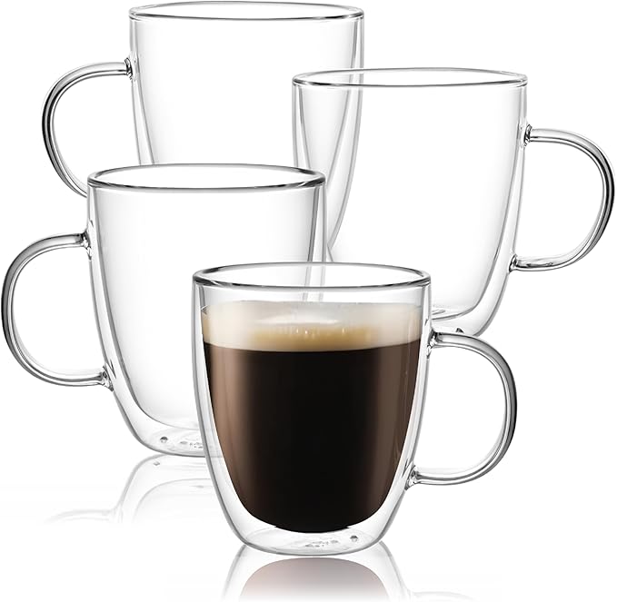 CNGLASS Large Double Wall Glass Coffee Mug 17 oz,Insulated Glass Coffee Cups with Handle,Set of 2