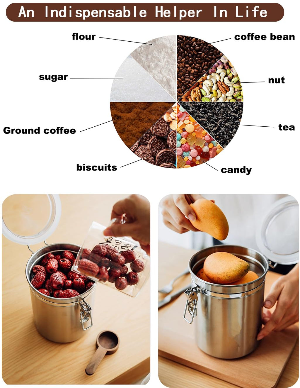 Walktosun Stainless Steel Food Container with Clear Lids Airtight Storage Container Stackable Small Canisters Kitchen Pantry Storage for Cereal, Snacks, Candy, Herbs, Spices, Sugar, Tea (Silver)