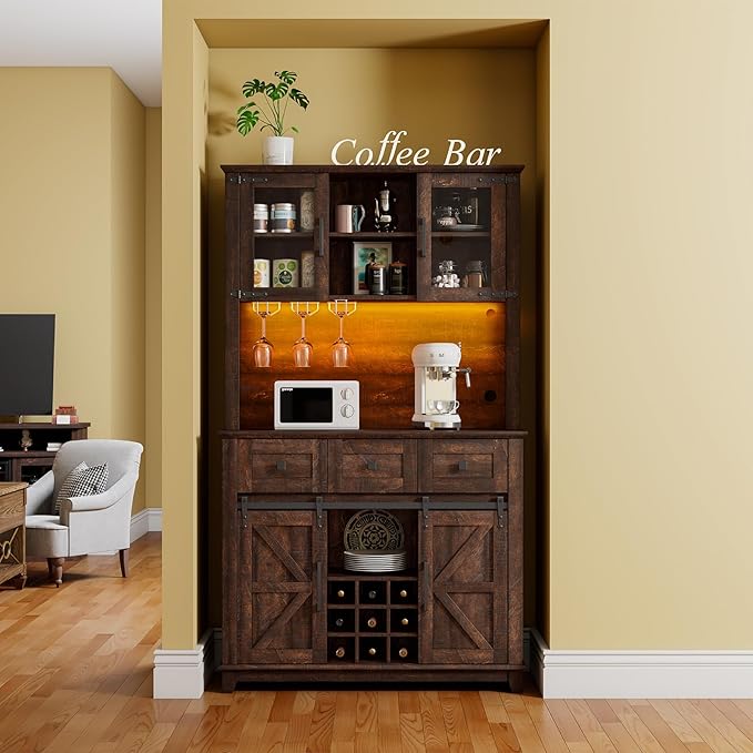 72" Coffee Bar Wine Cabinet with Sliding Barn Door & LED Lights, Sideboard Buffet Cabinet with Wine Bottle Rack, 3 Drawers, Storage Cabinets for Kitchen, Dining Room, Brown