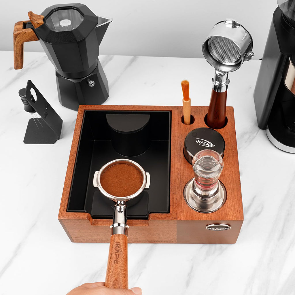 IKAPE Espresso Knock Box, Espresso Coffee Organizer Box Fit for Storage 51, 54, 58MM Espresso Tamper, Distributor, Portafilter & Puck Screen Accessories, Natural Sandywood Station Base