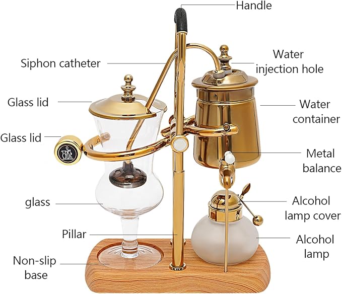 EDUJUAN 400ML Coffee Maker Belgian Luxury Royal Family Balance Syphon Coffee Maker Belgium Siphon Brewer Elegant Design Retro-Style Gravity Vintage Coffee Maker Vacuum Brewing System Copper