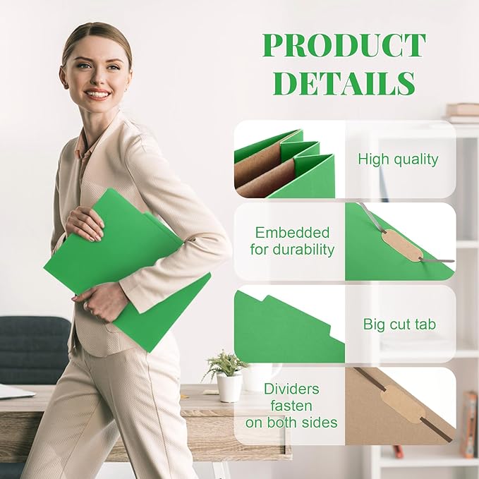 24 Pcs Classification Folders Letter Size, Back to School Supply for Teacher, Student, 2 Pocket Dividers Pressboard File Folder Bulk with 2 Fasteners, 2 in Expanding File Organizer (Green)