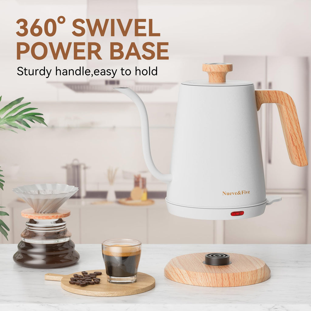Nueve&Five Electric Gooseneck Kettle with Thermometer, 1.0L Pour Over Hot Water Kettle for Coffee and Tea, 1000W, Auto Shutoff, Boil-Dry Protection, White