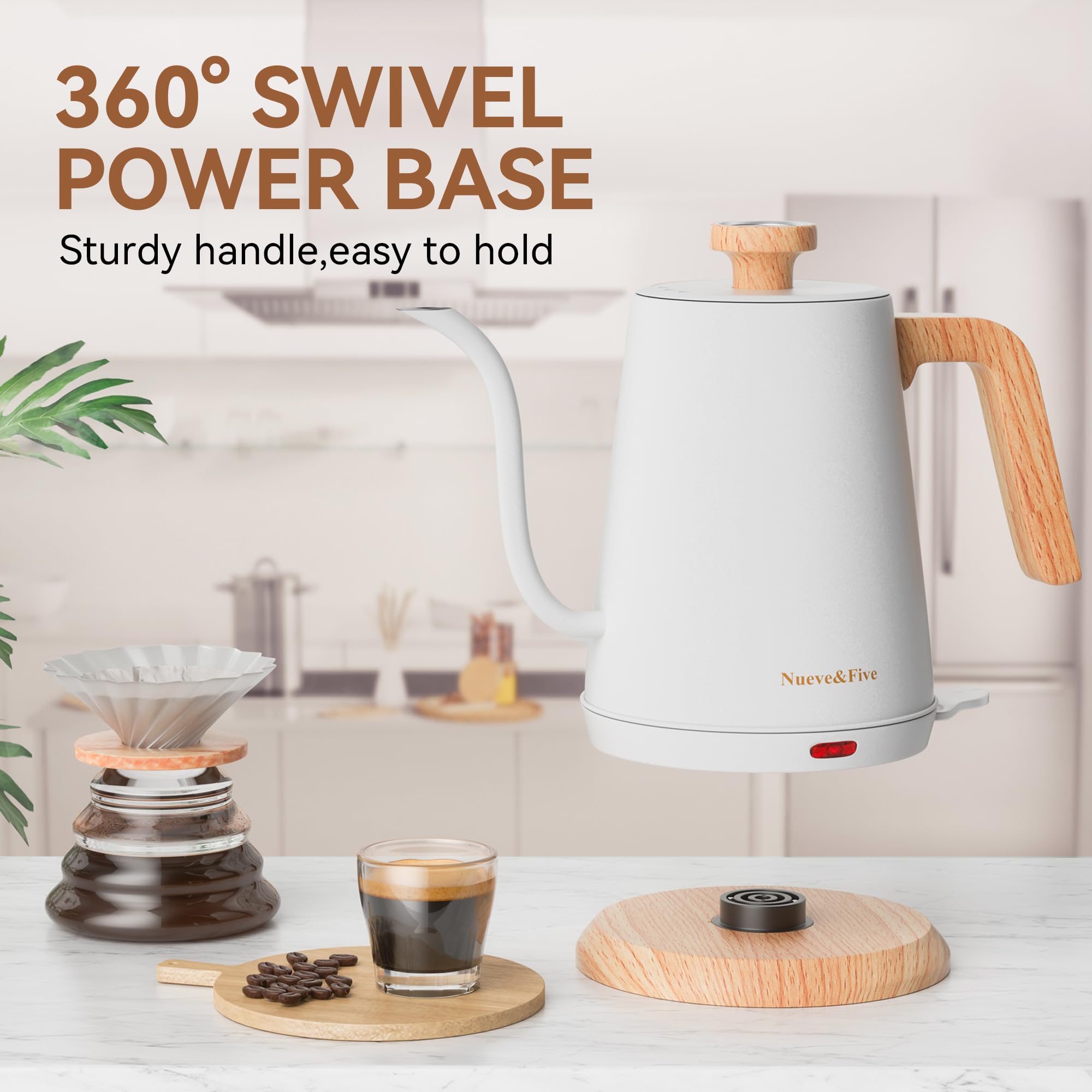 Nueve&Five Electric Gooseneck Kettle with Thermometer, 1.0L Pour Over Hot Water Kettle for Coffee and Tea, 1000W, Auto Shutoff, Boil-Dry Protection, White