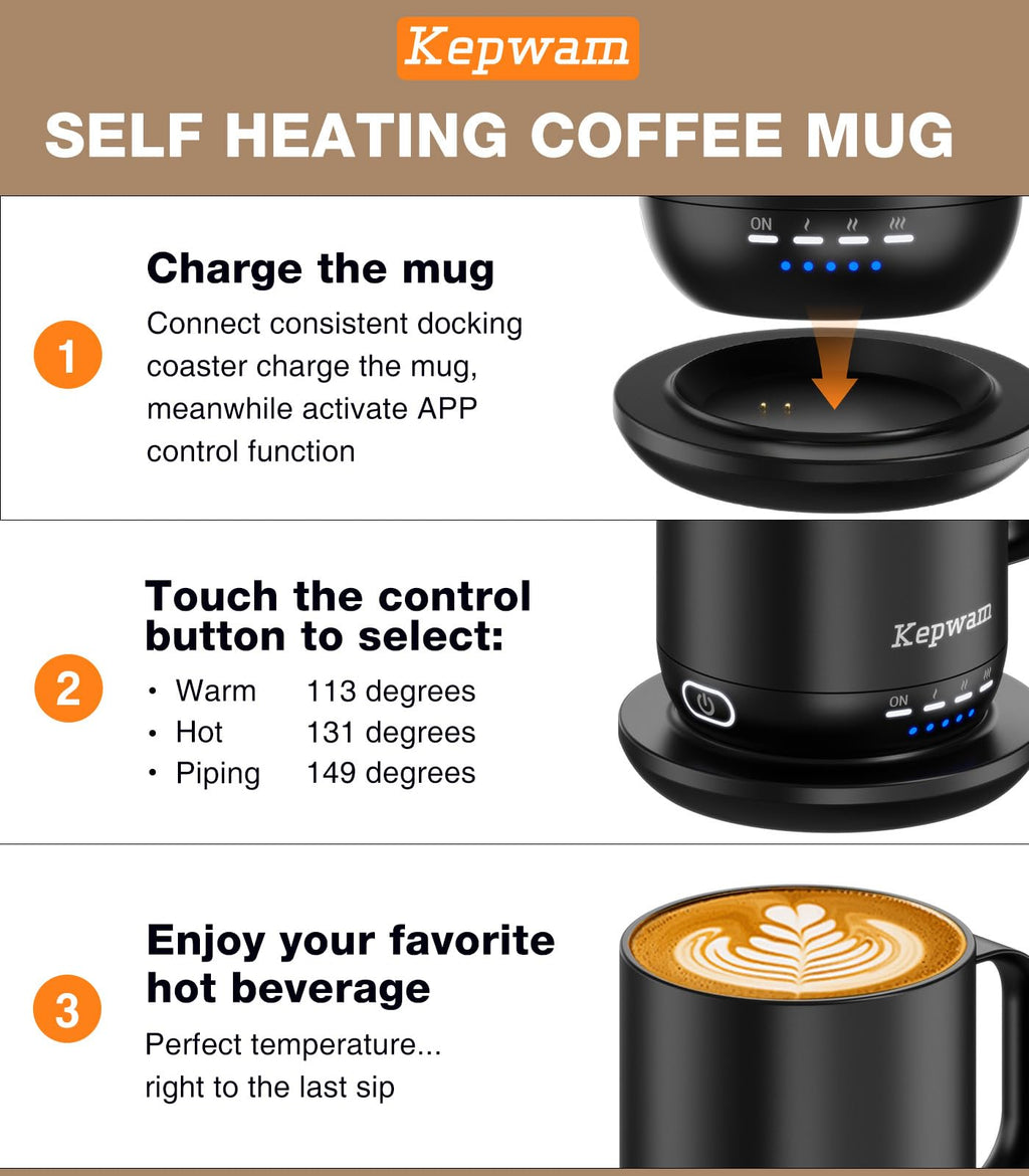 Kepwam Self Heating Coffee Mug T1-16oz Fast Heating & Ultra Long-Lasting Battery Life, Heated Coffee Mug Up to 149℉ - Touch & App Controlled Coffee Mug, Birthday Gifts for Women and Men