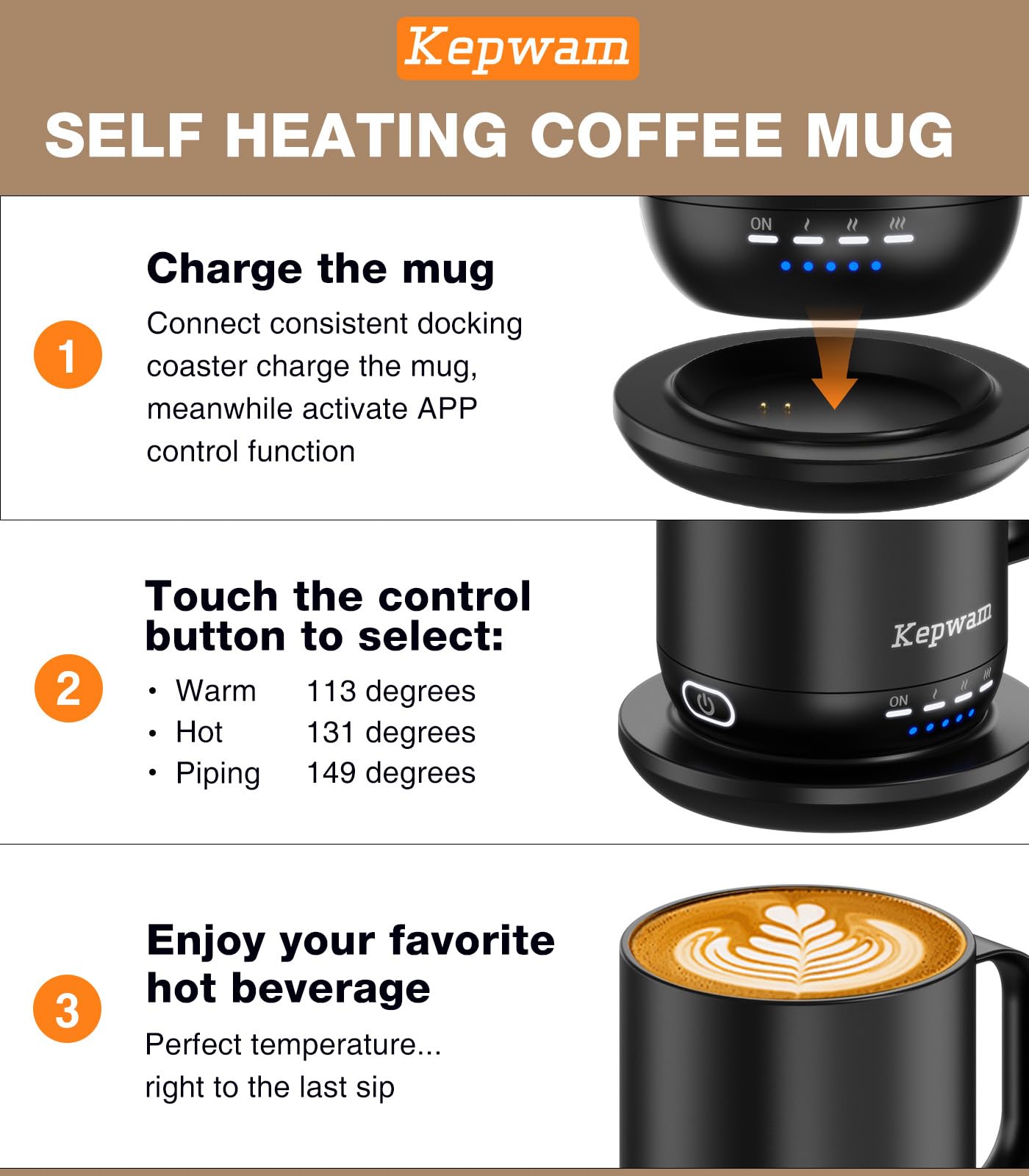 Kepwam Self Heating Coffee Mug T1-16oz Fast Heating & Ultra Long-Lasting Battery Life, Heated Coffee Mug Up to 149℉ - Touch & App Controlled Coffee Mug, Birthday Gifts for Women and Men