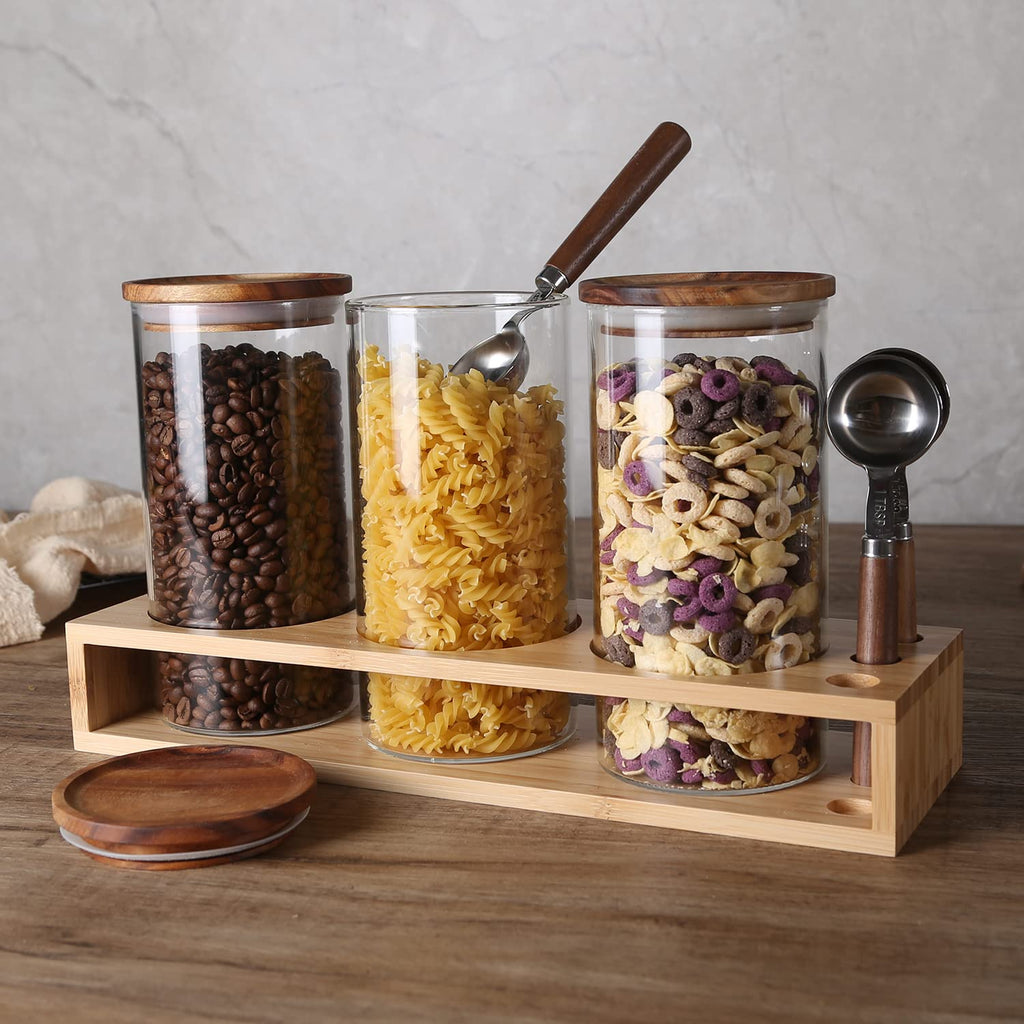 KKC HOME ACCNETS GGlass Canister Set with Bamboo Rack & Scoops-39oz 3 Pack